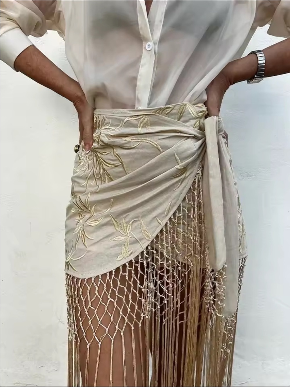 Tie-Waist Ivory Embroidered Wrap Skirt Long Fringe
